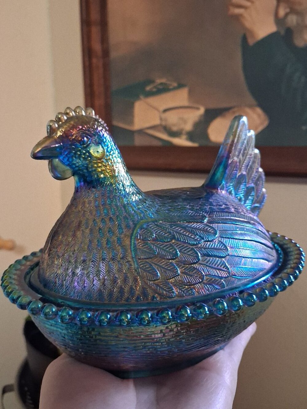 Indiana Glass Irridescent Blue Hen On Nest